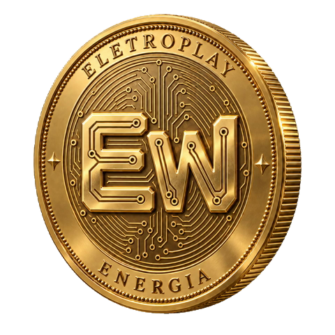 Moeda dourada EletroPlay com EW em alto-relevo, circuitos gravados e borda serrilhada